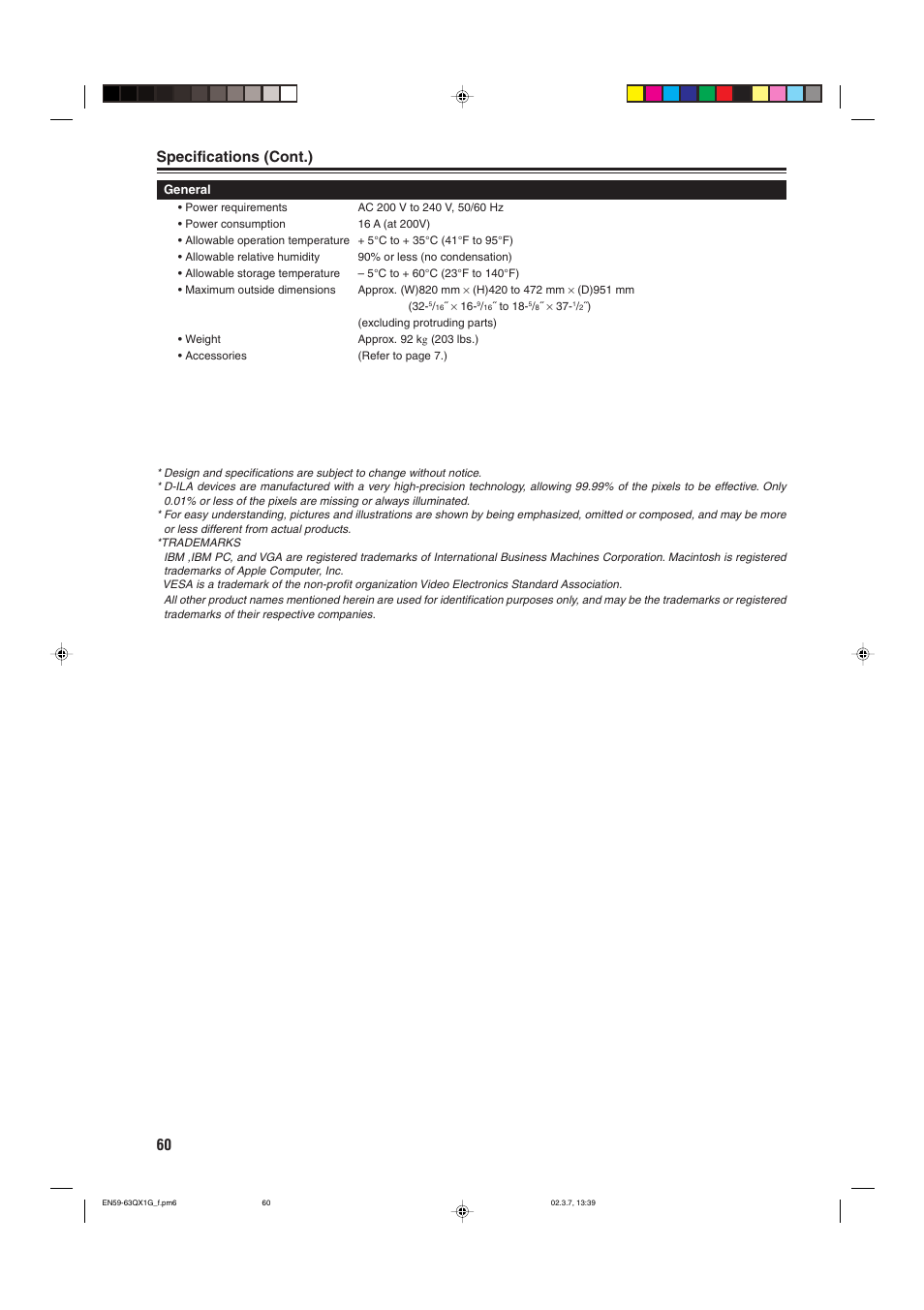 Specifications (cont.) | JVC DLA-QX1G User Manual | Page 62 / 64