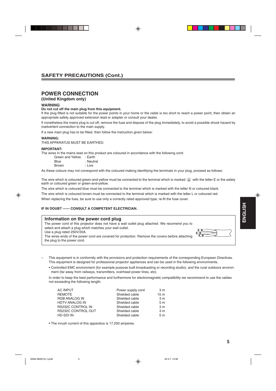 Power connection, 5english, Safety precautions (cont.) | Information on the power cord plug | JVC DLA-QX1G User Manual | Page 7 / 64