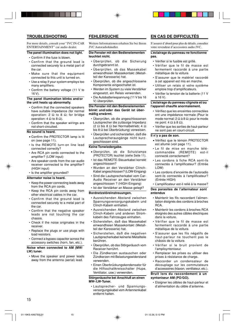 Troubleshooting, 15 troubleshooting, Fehlersuche | En cas de difficultés | JVC KS-AX6750 User Manual | Page 16 / 20