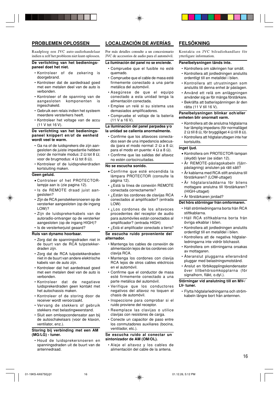 16 problemen oplossen, Localización de averías, Felsökning | JVC KS-AX6750 User Manual | Page 17 / 20