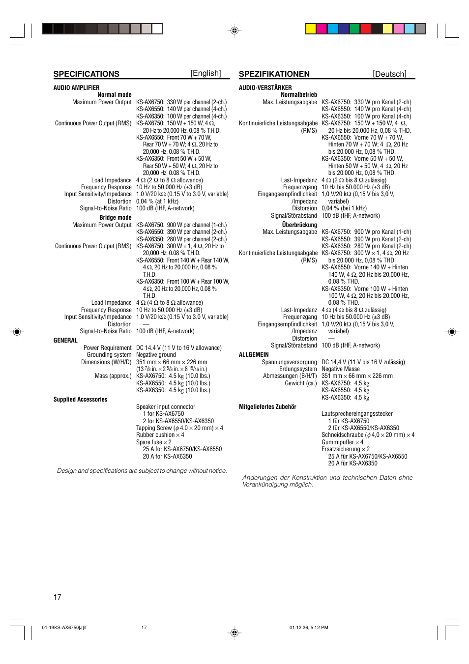 Specifications, 17 specifications [english, Spezifikationen [deutsch | JVC KS-AX6750 User Manual | Page 18 / 20