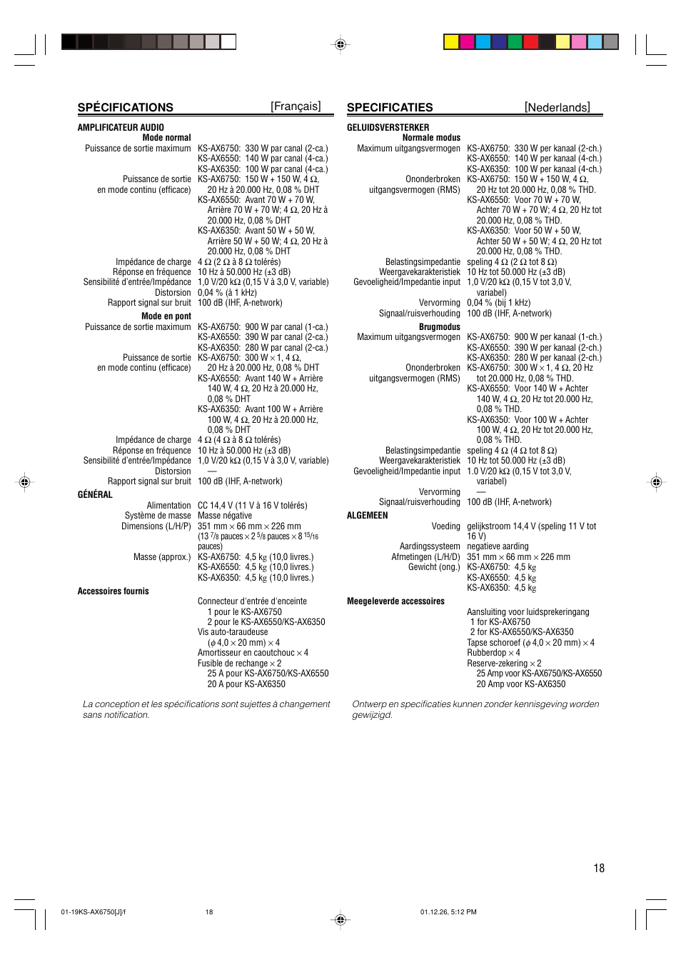 18 spécifications [français, Specificaties [nederlands | JVC KS-AX6750 User Manual | Page 19 / 20