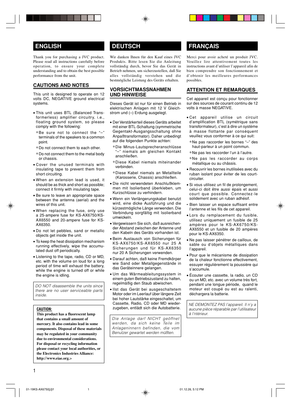 Cautions and notes, Lees voor een english, Deutsch | Français | JVC KS-AX6750 User Manual | Page 2 / 20