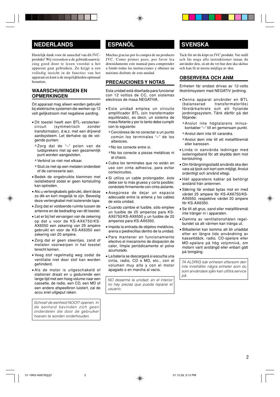 Lees voor een nederlands, Espanõl, Svenska | JVC KS-AX6750 User Manual | Page 3 / 20