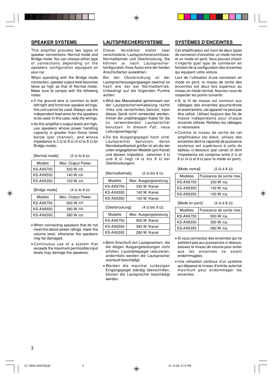 Speaker systems, 3speaker systems, Systémes d’enceintes | Lautsprechersysteme | JVC KS-AX6750 User Manual | Page 4 / 20