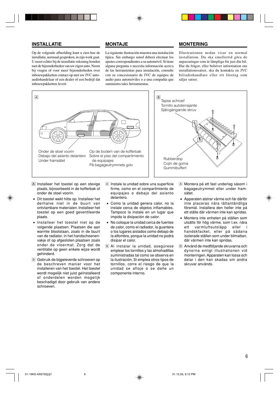 Installatie, Montering, Montaje | JVC KS-AX6750 User Manual | Page 7 / 20