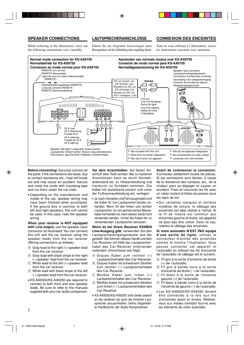 Speaker connections, 7lautsprecheranschlüsse, Connexion des enceintes | JVC KS-AX6750 User Manual | Page 8 / 20