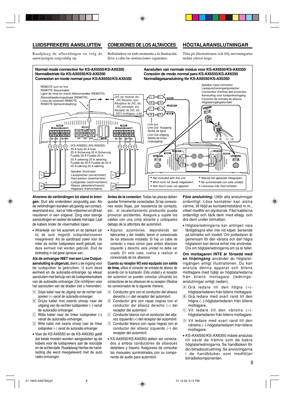 8luidsprekers aansluiten, Conexiones de los altavoces, Högtalaranslutningar | JVC KS-AX6750 User Manual | Page 9 / 20