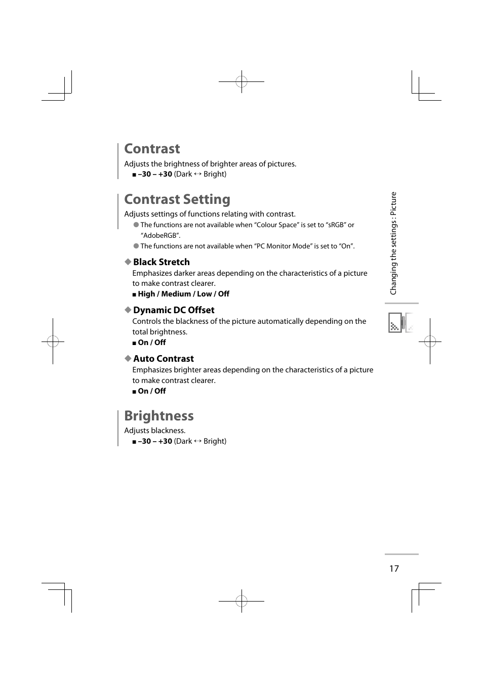 Contrast, Contrast setting, Brightness | JVC GD-42X1E User Manual | Page 107 / 144