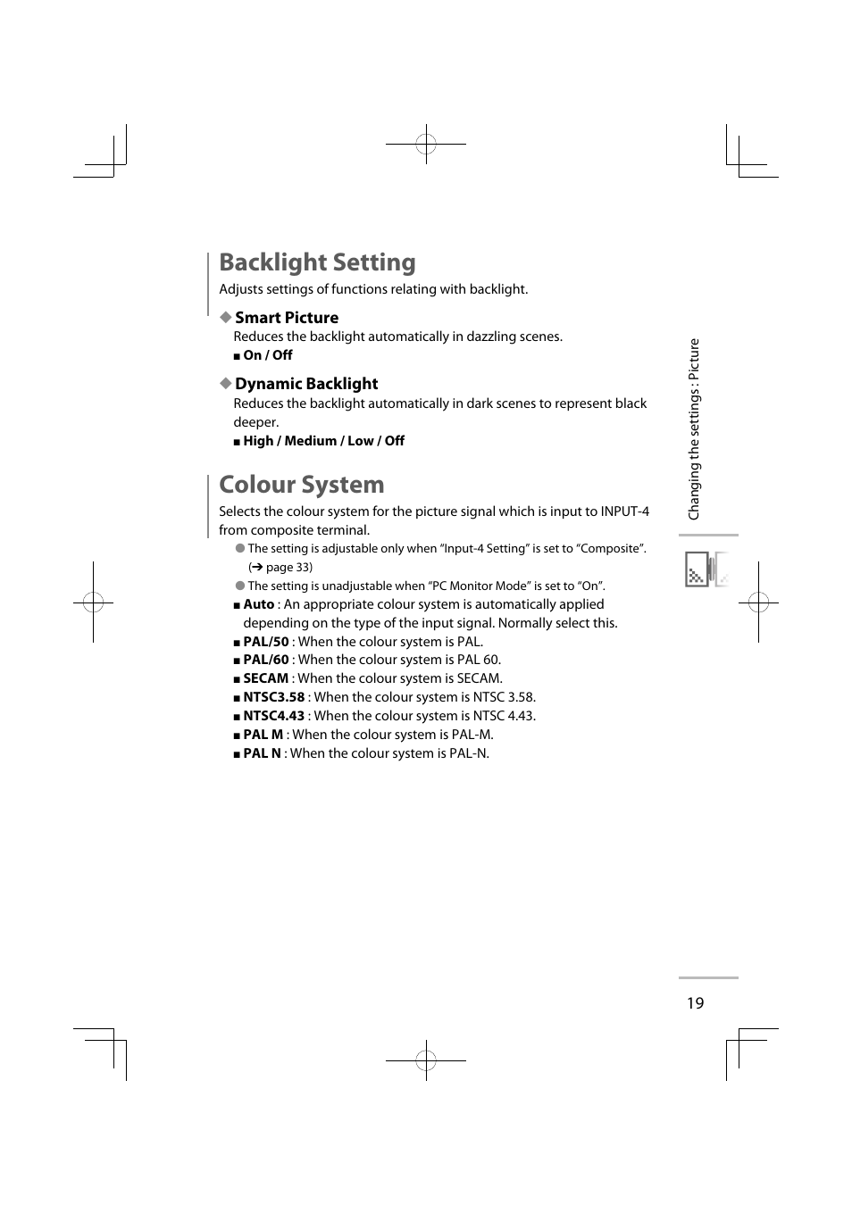 Backlight setting, Colour system, Smart picture | Dynamic backlight | JVC GD-42X1E User Manual | Page 109 / 144