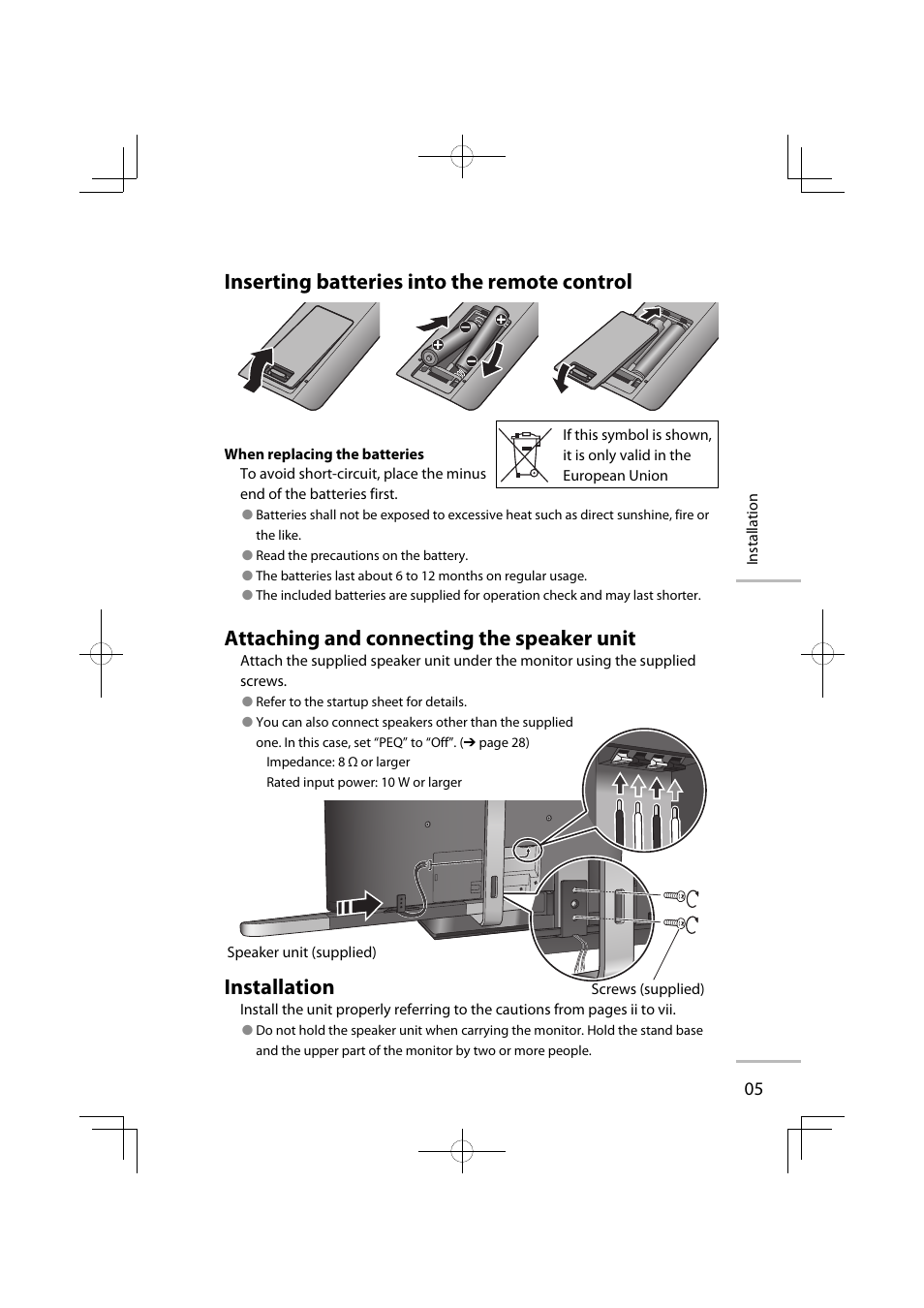 Inserting batteries into the remote control, Attaching and connecting the speaker unit, Installation | JVC GD-42X1E User Manual | Page 11 / 144