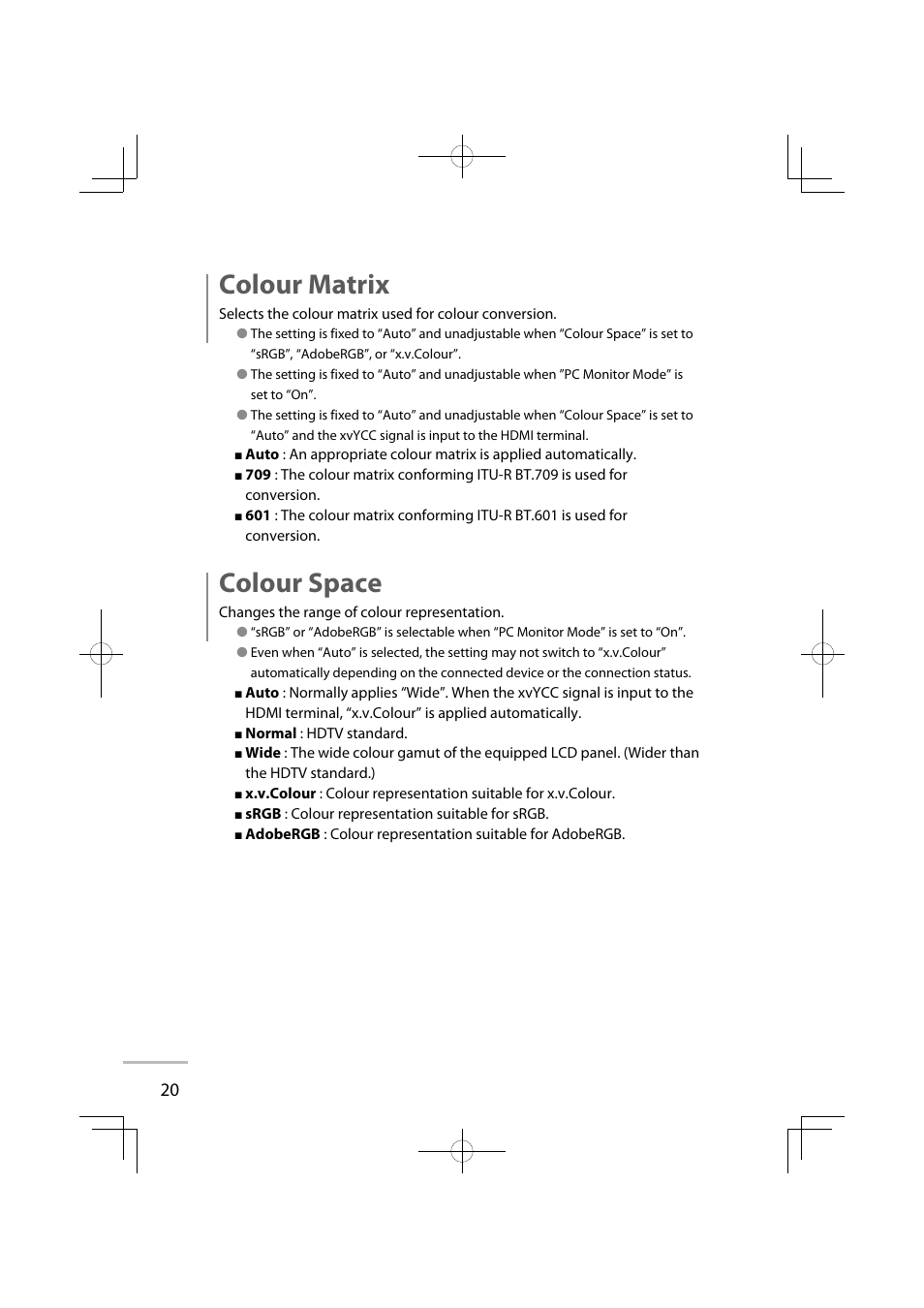 Colour matrix, Colour space | JVC GD-42X1E User Manual | Page 110 / 144