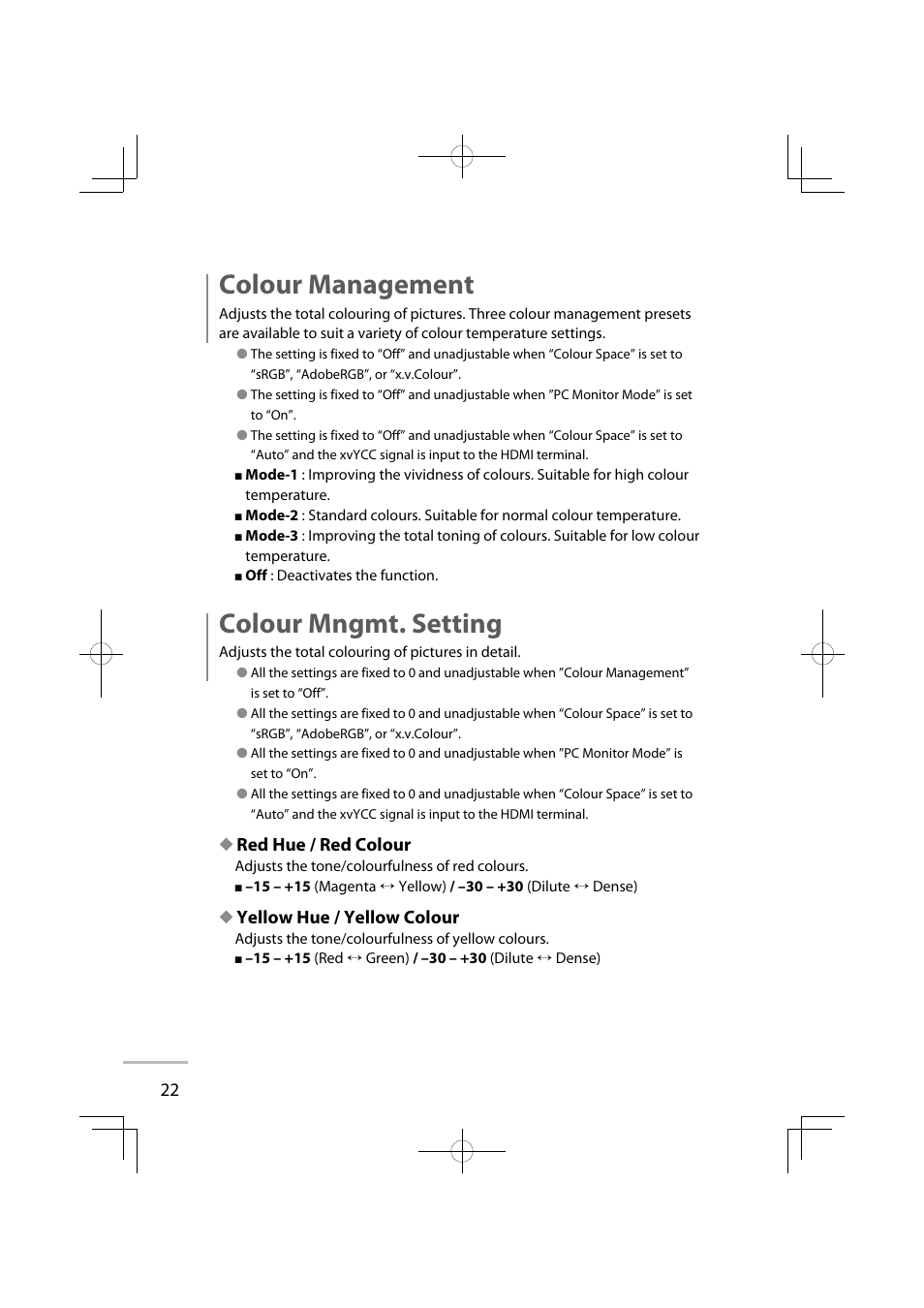 Colour management, Colour mngmt. setting, Red hue / red colour | Yellow hue / yellow colour | JVC GD-42X1E User Manual | Page 112 / 144