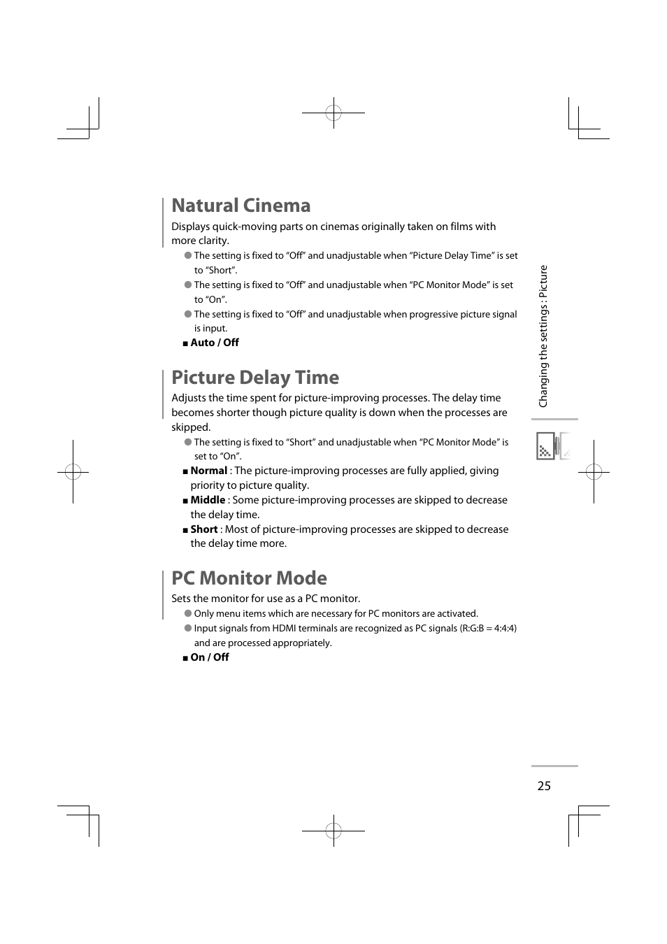 Natural cinema, Picture delay time, Pc monitor mode | JVC GD-42X1E User Manual | Page 115 / 144