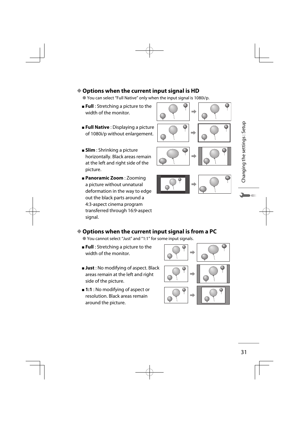 Options when the current input signal is hd, Options when the current input signal is from a pc | JVC GD-42X1E User Manual | Page 121 / 144