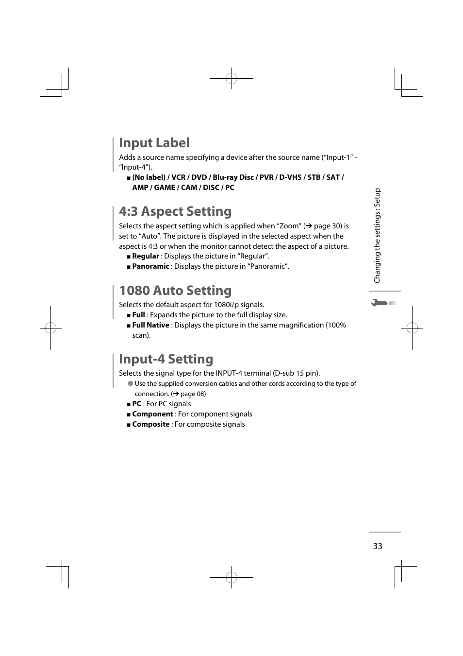 Input label, 3 aspect setting, 1080 auto setting | Input-4 setting | JVC GD-42X1E User Manual | Page 123 / 144