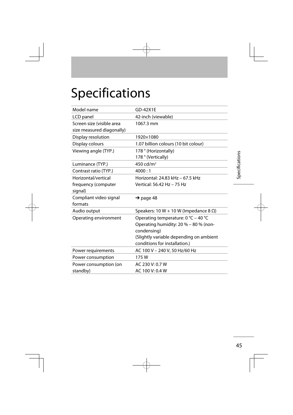 Specifications | JVC GD-42X1E User Manual | Page 135 / 144