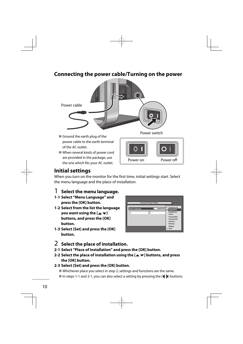 Connecting the power cable/turning on the power, Initial settings, Select the menu language | Select the place of installation | JVC GD-42X1E User Manual | Page 16 / 144