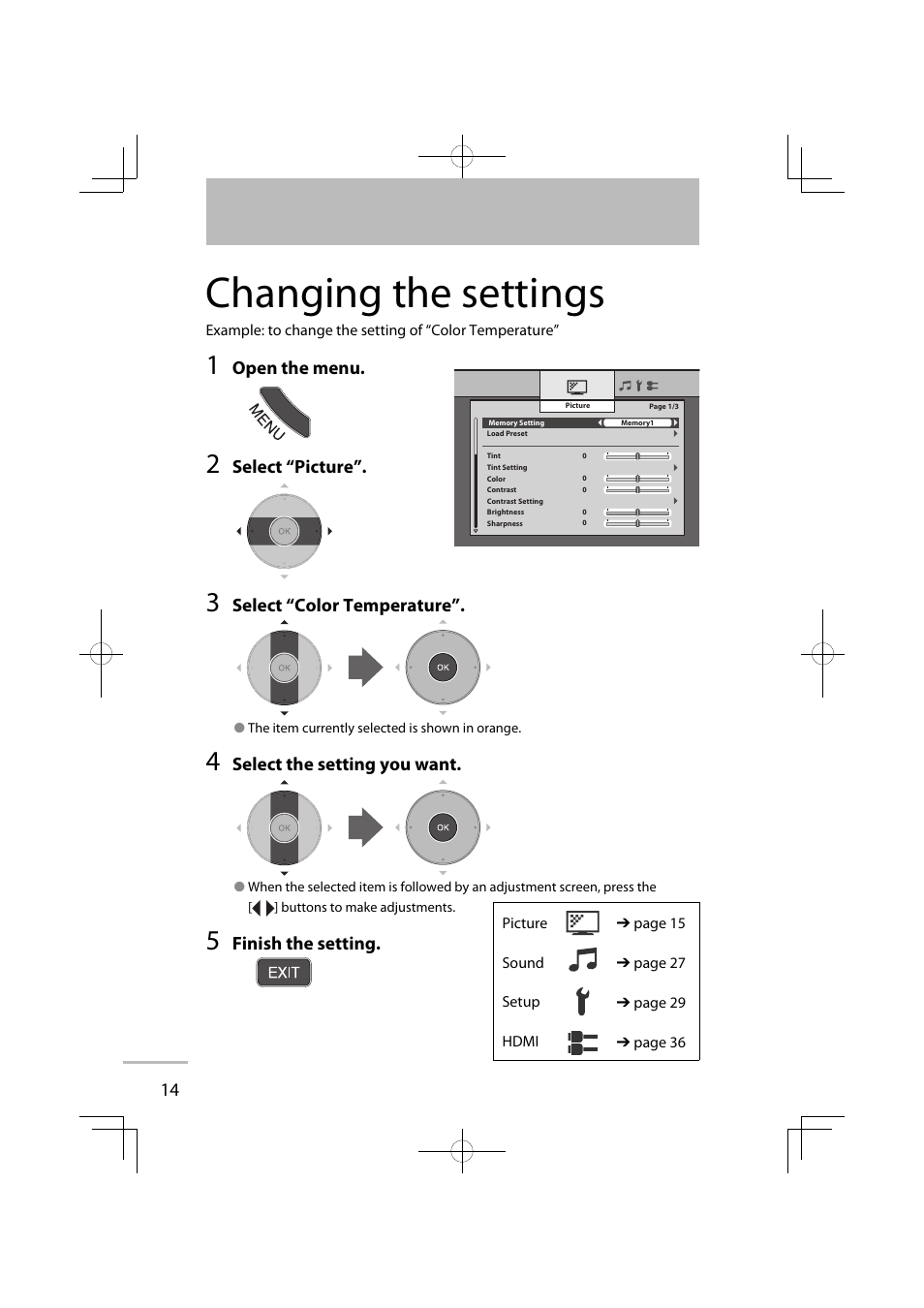 Changing the settings, Open the menu, Select “picture | Select “color temperature, Select the setting you want, Finish the setting | JVC GD-42X1E User Manual | Page 20 / 144