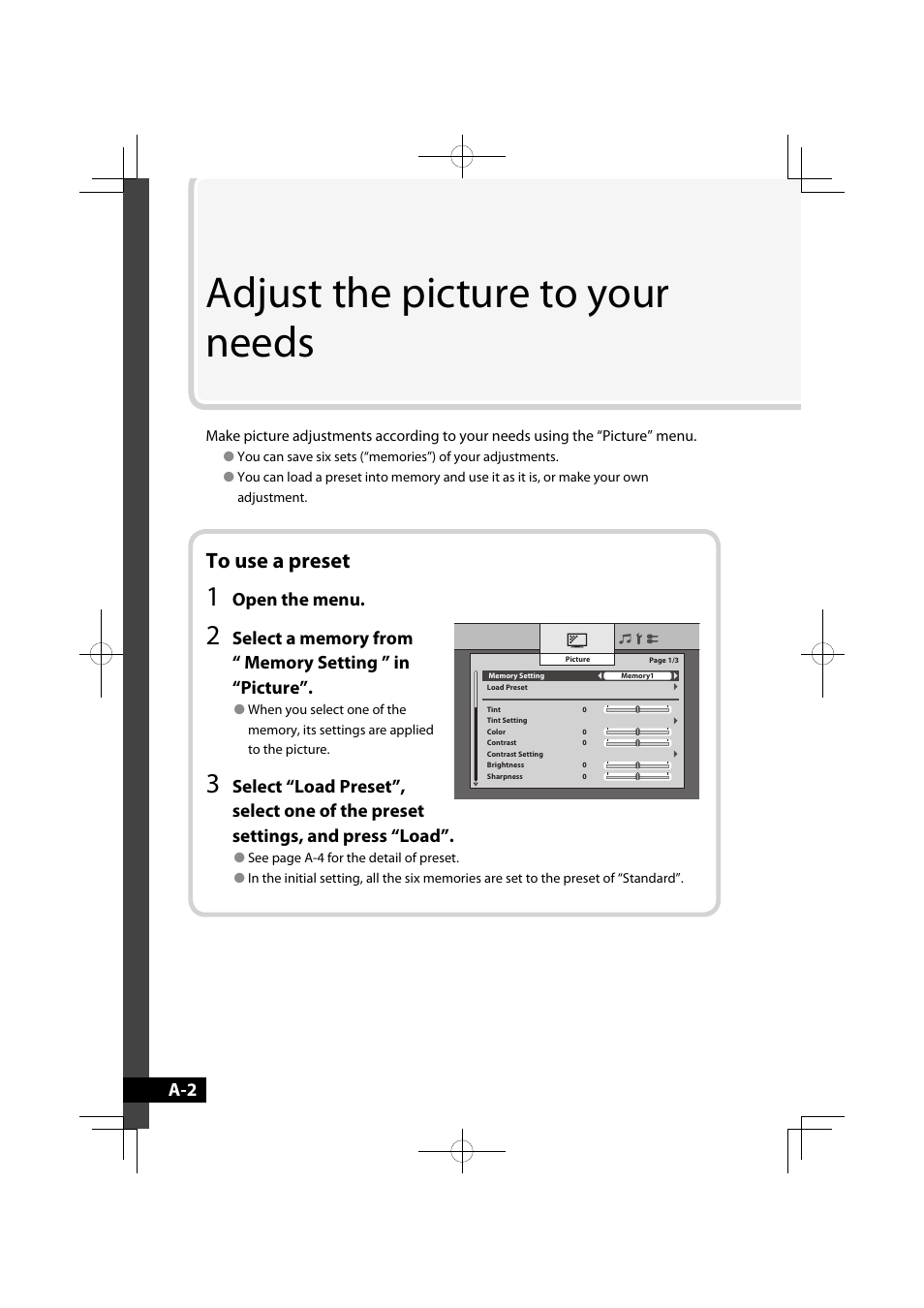 Adjust the picture to your needs, Open the menu | JVC GD-42X1E User Manual | Page 22 / 144