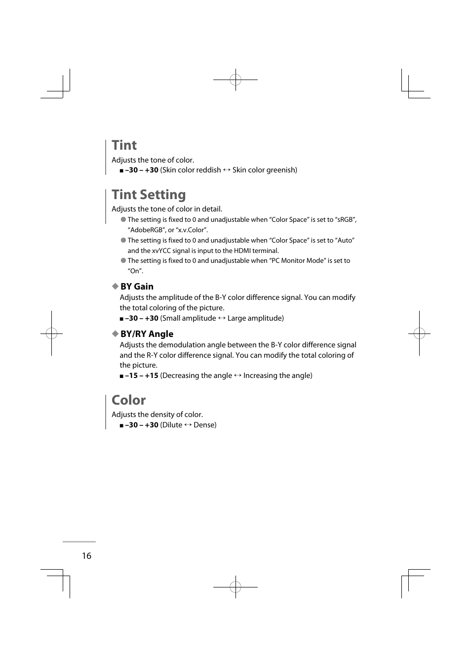 Tint, Tint setting, Color | JVC GD-42X1E User Manual | Page 34 / 144