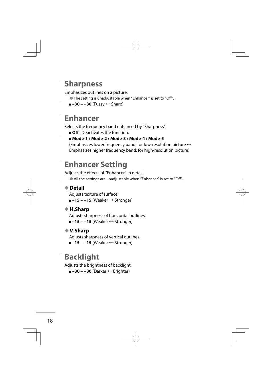 Sharpness, Enhancer, Enhancer setting | Backlight | JVC GD-42X1E User Manual | Page 36 / 144