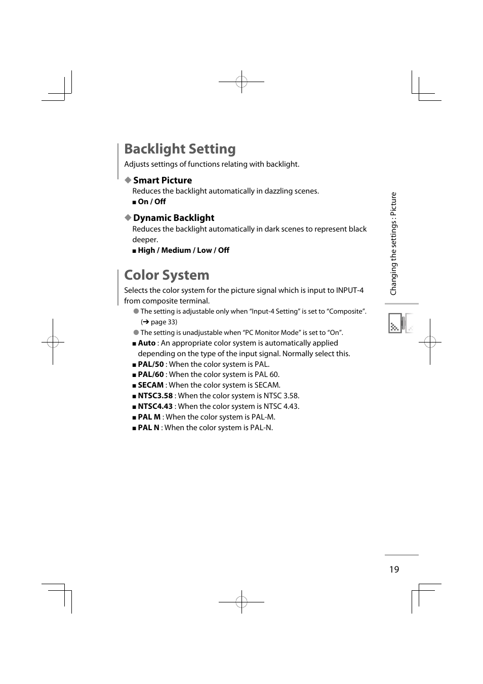 Backlight setting, Color system, Smart picture | Dynamic backlight | JVC GD-42X1E User Manual | Page 37 / 144