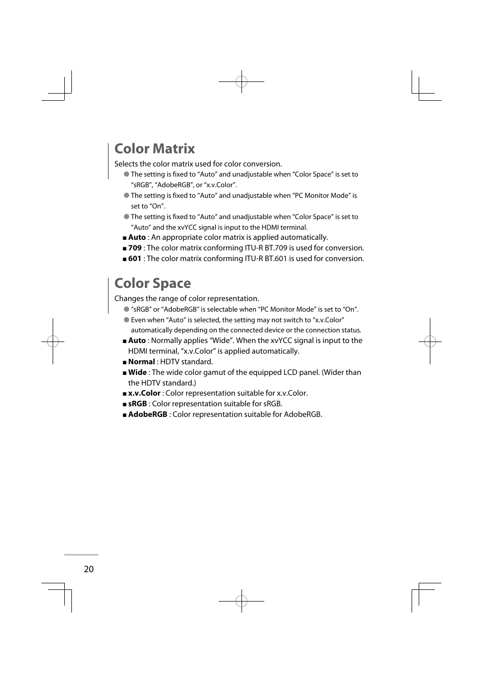 Color matrix, Color space | JVC GD-42X1E User Manual | Page 38 / 144