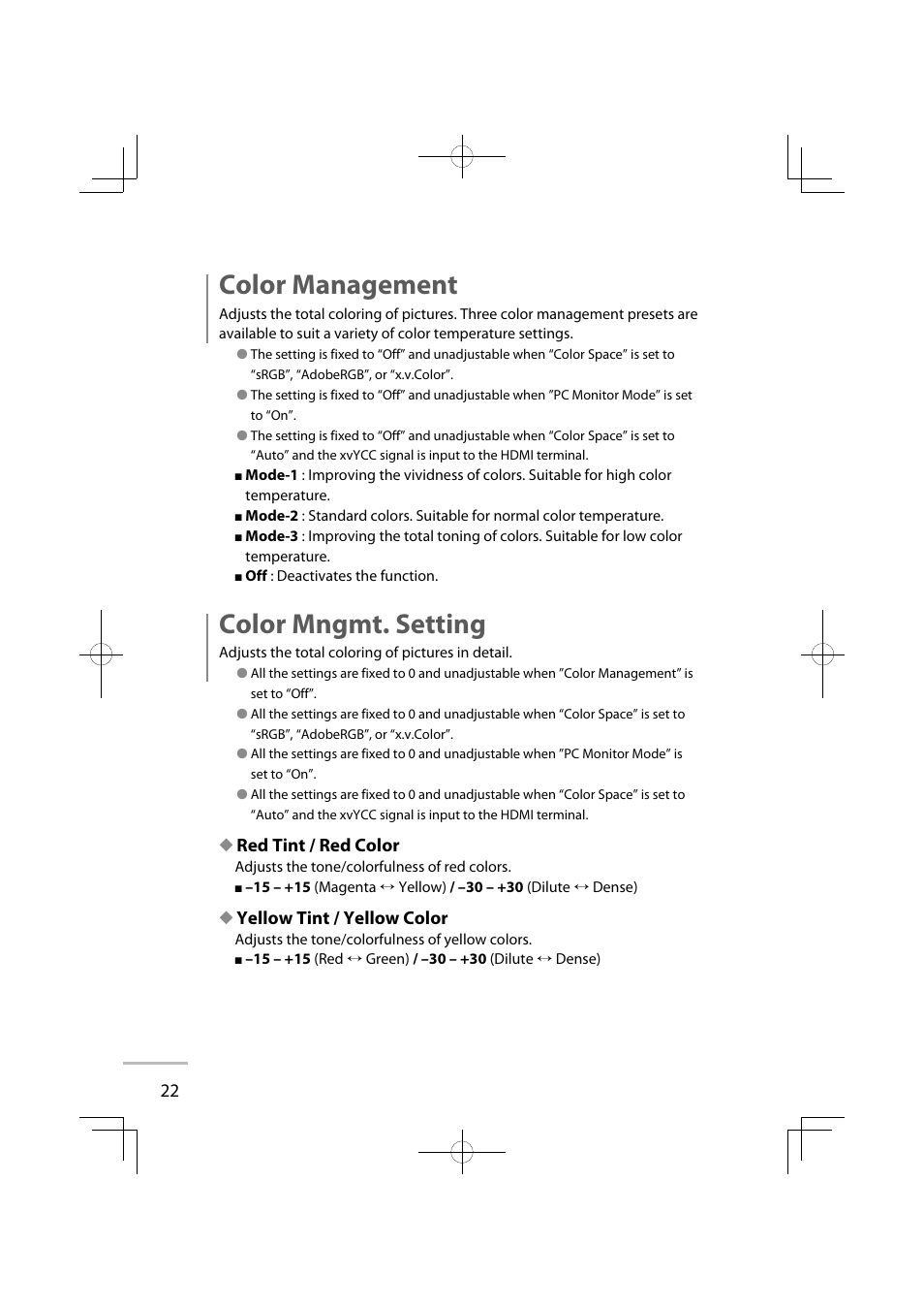 Color management, Color mngmt. setting, Red tint / red color | Yellow tint / yellow color | JVC GD-42X1E User Manual | Page 40 / 144