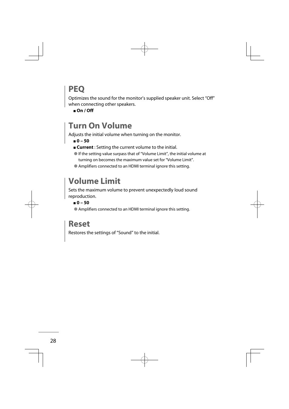 Turn on volume, Volume limit, Reset | JVC GD-42X1E User Manual | Page 46 / 144