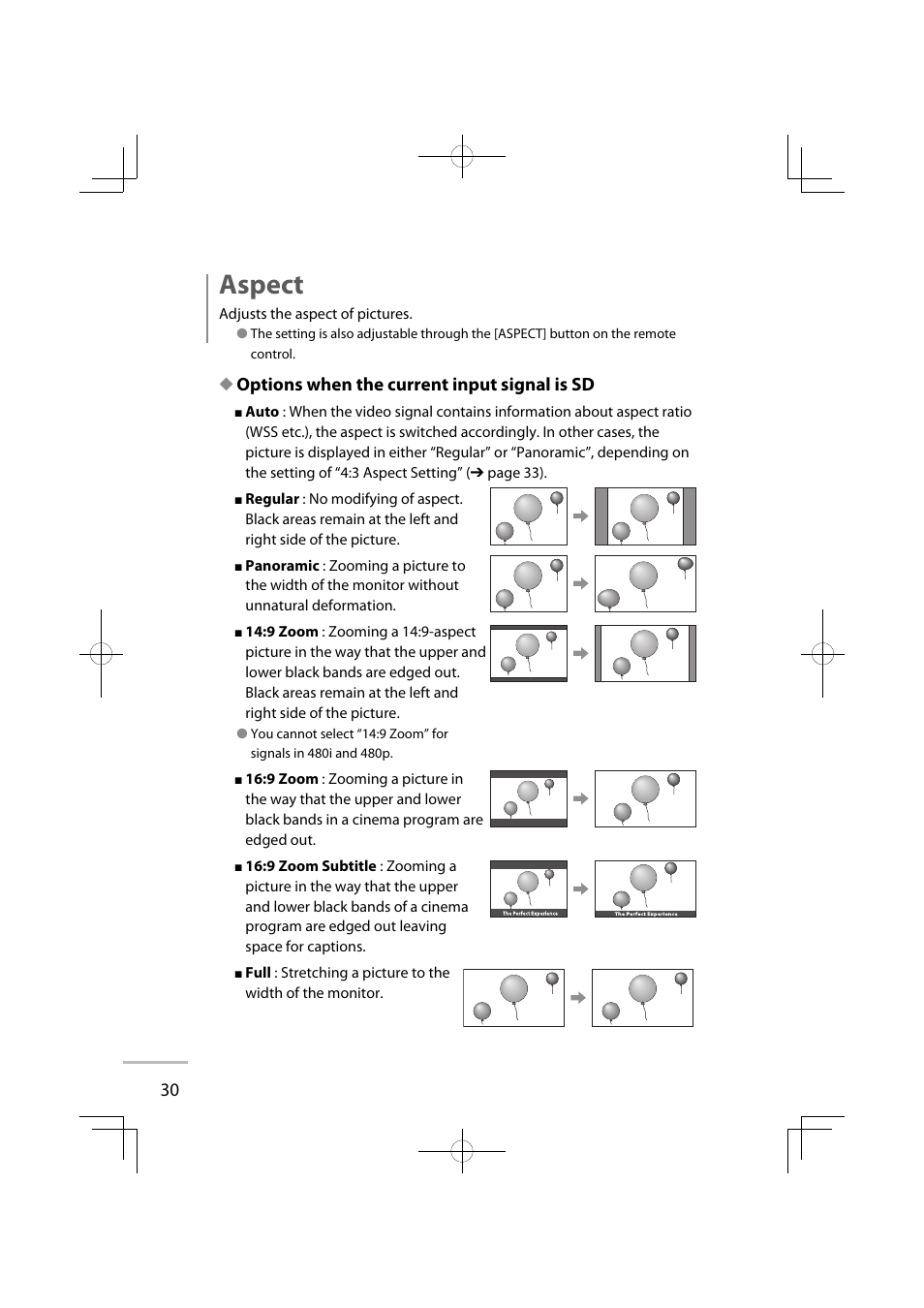 Aspect, Options when the current input signal is sd | JVC GD-42X1E User Manual | Page 48 / 144