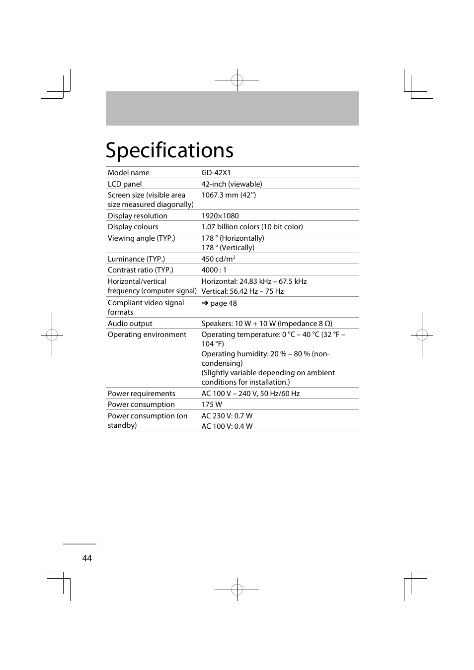 Specifications | JVC GD-42X1E User Manual | Page 62 / 144