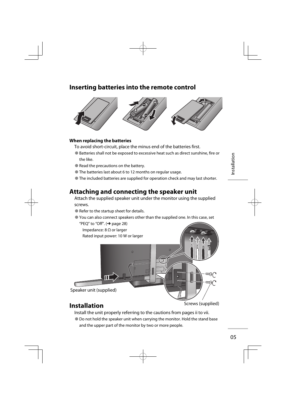 Inserting batteries into the remote control, Attaching and connecting the speaker unit, Installation | JVC GD-42X1E User Manual | Page 83 / 144