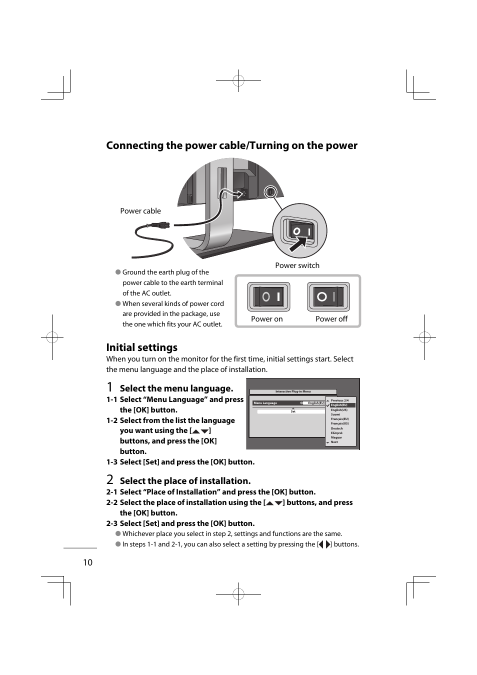Connecting the power cable/turning on the power, Initial settings, Select the menu language | Select the place of installation | JVC GD-42X1E User Manual | Page 88 / 144