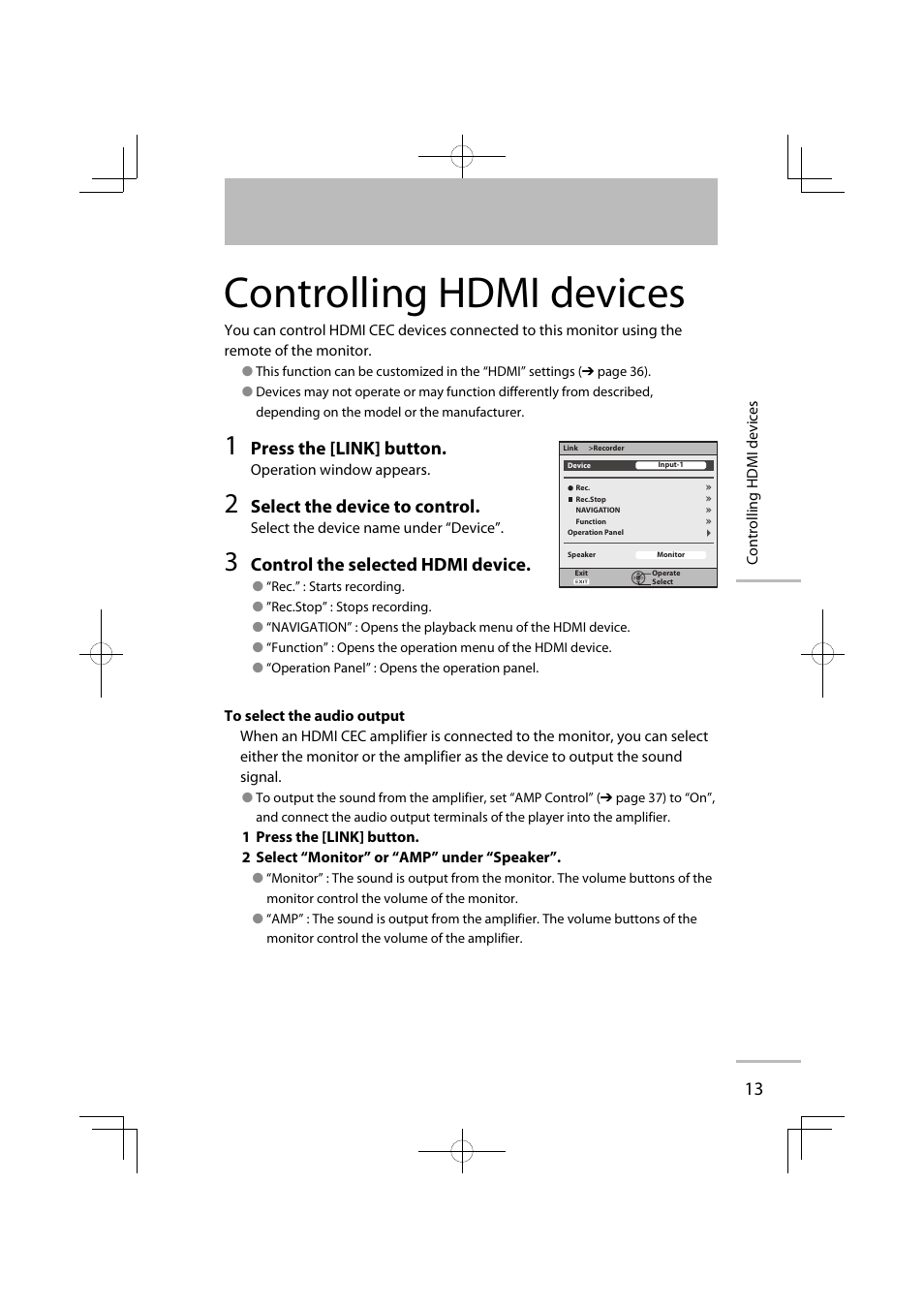 Controlling hdmi devices, Press the [link] button, Select the device to control | Control the selected hdmi device | JVC GD-42X1E User Manual | Page 91 / 144