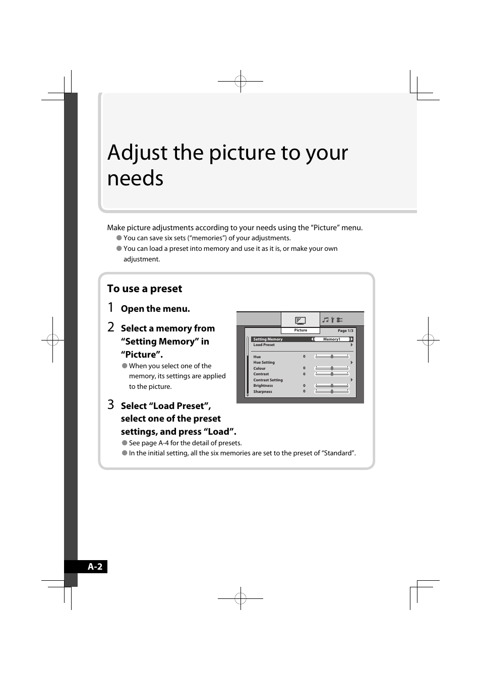 Adjust the picture to your needs, Open the menu | JVC GD-42X1E User Manual | Page 94 / 144