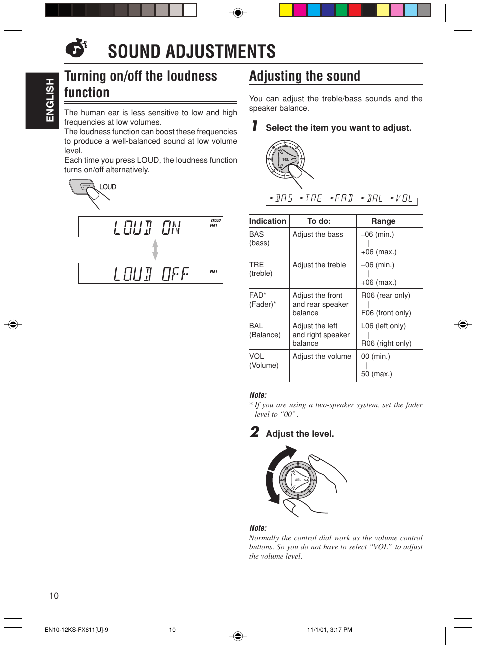 Sound adjustments, Turning on/off the loudness function, Adjusting the sound | JVC GET0056-001A User Manual | Page 10 / 24