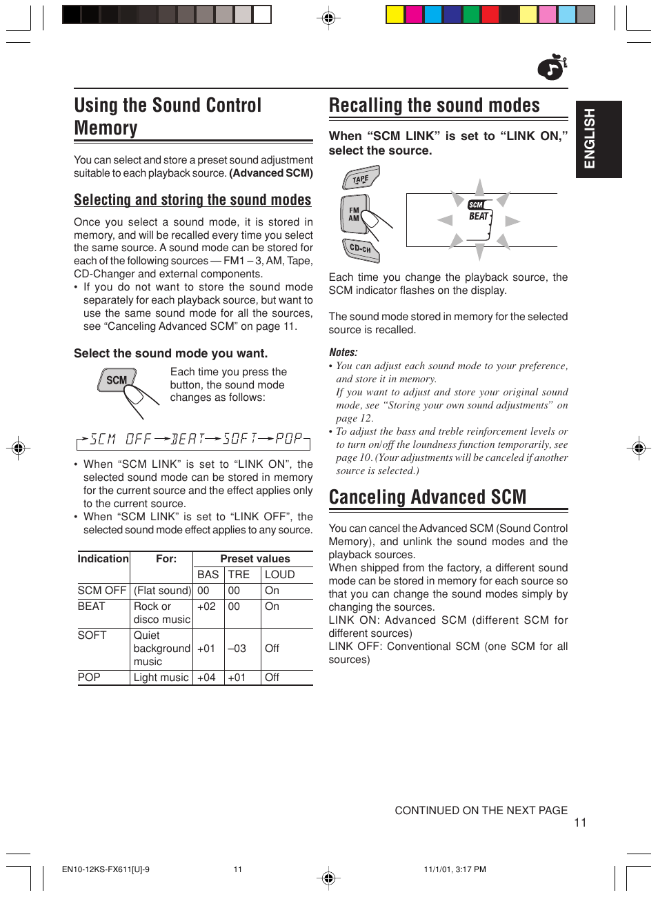 Using the sound control memory, Recalling the sound modes, Canceling advanced scm | Selecting and storing the sound modes | JVC GET0056-001A User Manual | Page 11 / 24