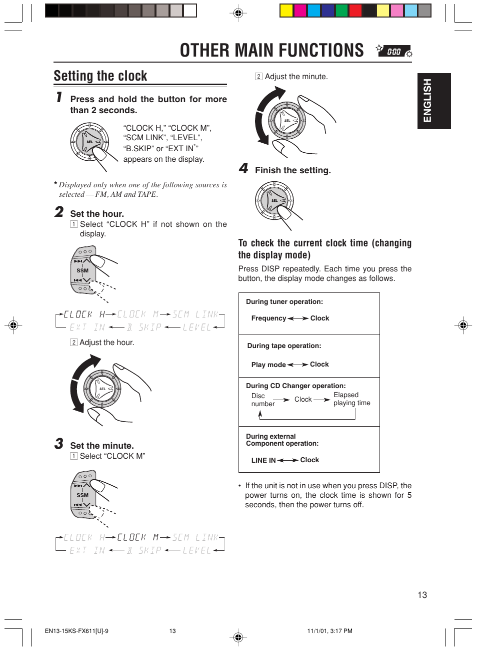 Other main functions, Setting the clock, Setting the clock 1 | JVC GET0056-001A User Manual | Page 13 / 24