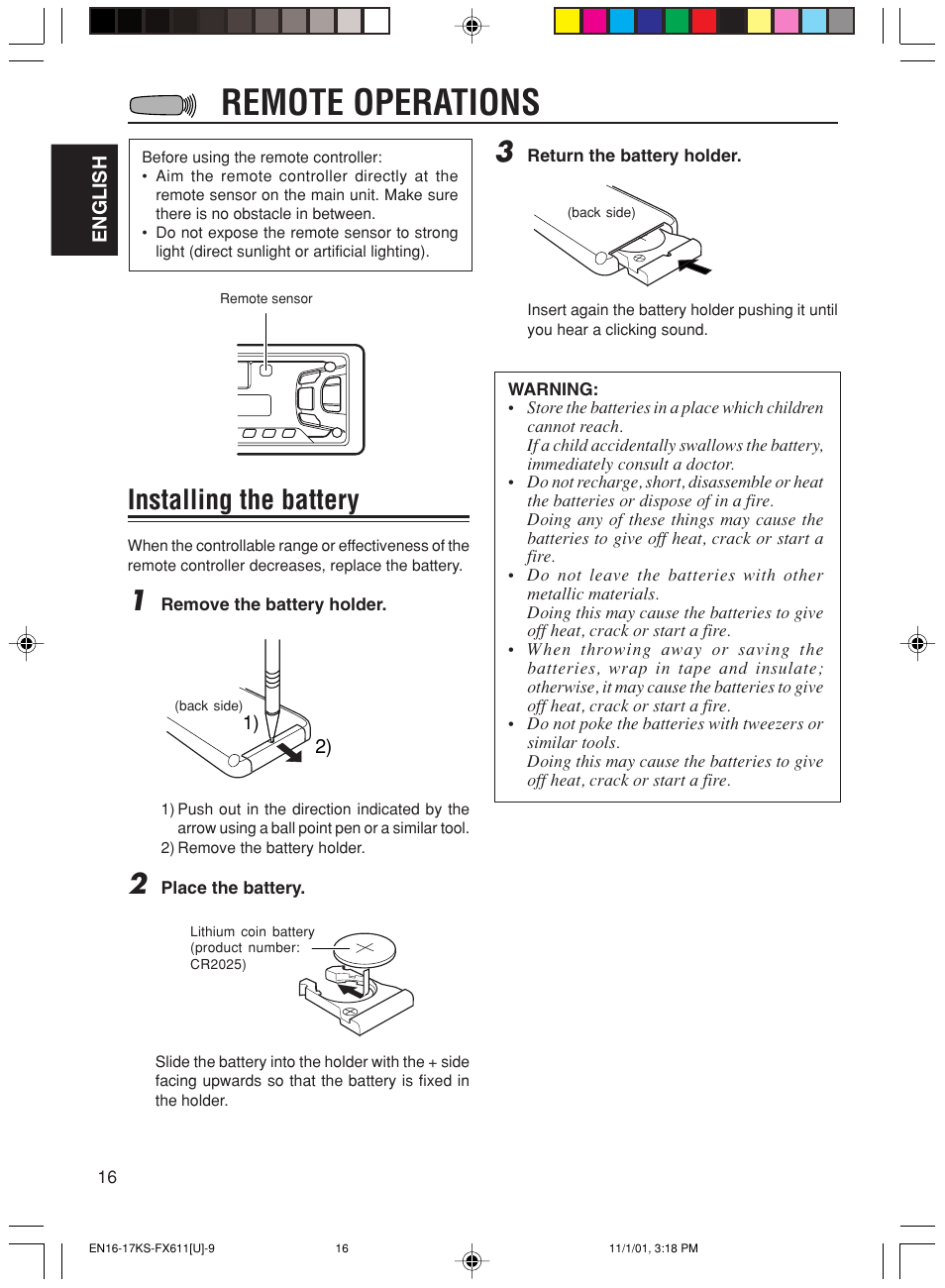 Remote operations, Installing the battery | JVC GET0056-001A User Manual | Page 16 / 24