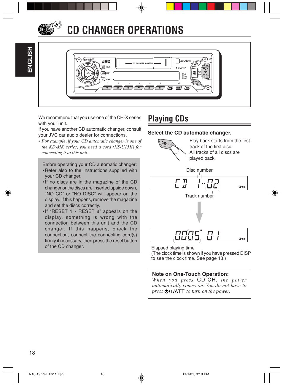 Cd changer operations, Playing cds, English | Select the cd automatic changer | JVC GET0056-001A User Manual | Page 18 / 24