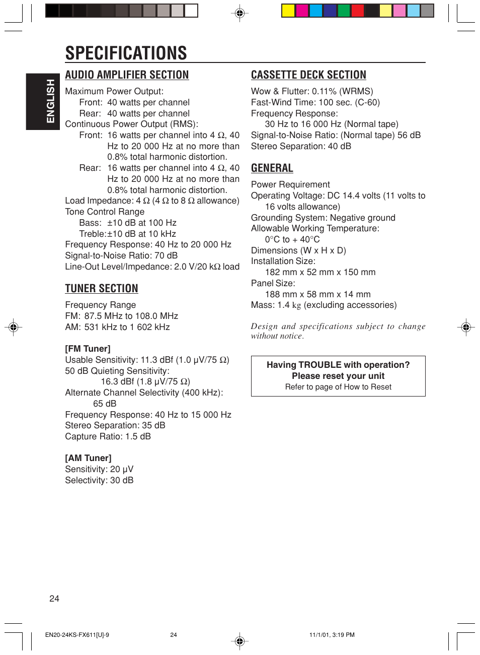 Specifications, General | JVC GET0056-001A User Manual | Page 24 / 24