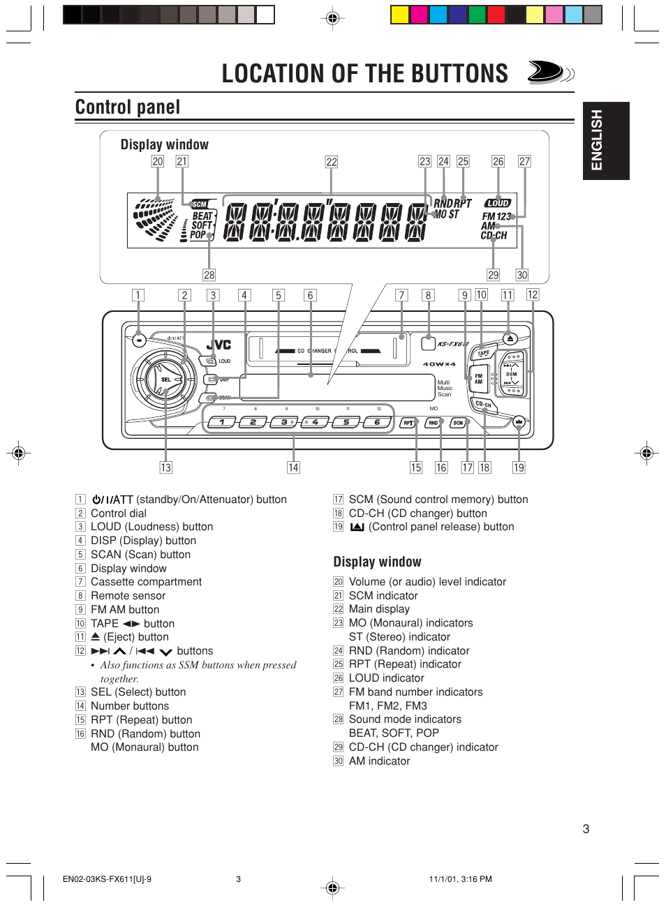 Location of the buttons, Control panel, English | Display window | JVC GET0056-001A User Manual | Page 3 / 24