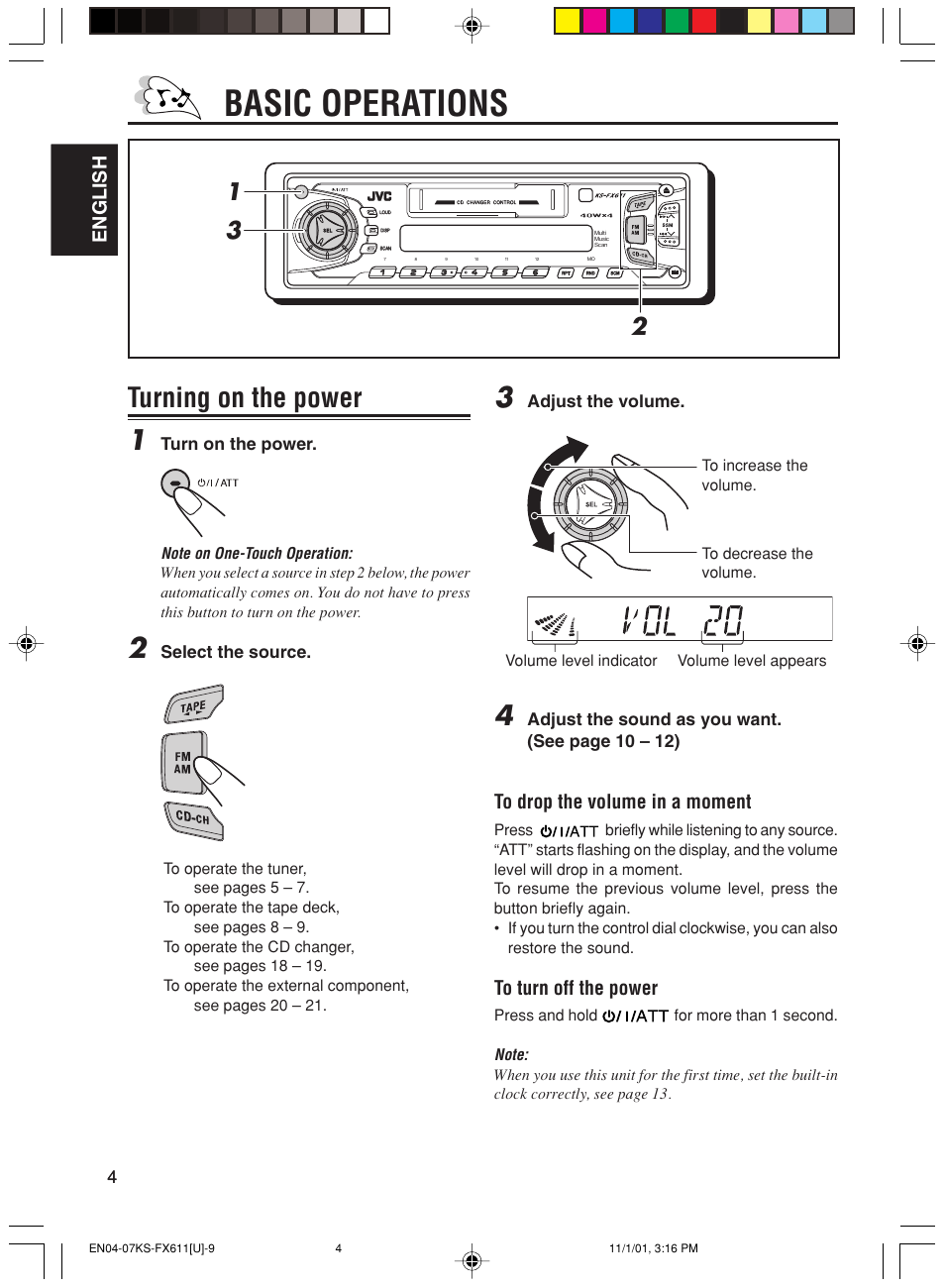 Basic operations, Turning on the power, Turning on the power 1 | English | JVC GET0056-001A User Manual | Page 4 / 24