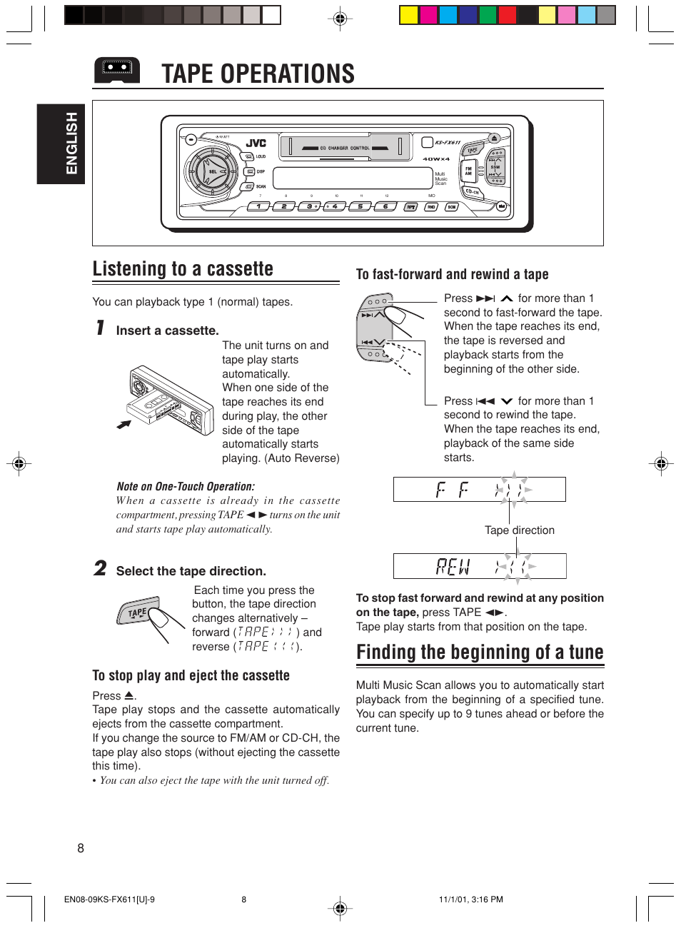 Tape operations, Listening to a cassette, Finding the beginning of a tune | English, Insert a cassette, Select the tape direction | JVC GET0056-001A User Manual | Page 8 / 24