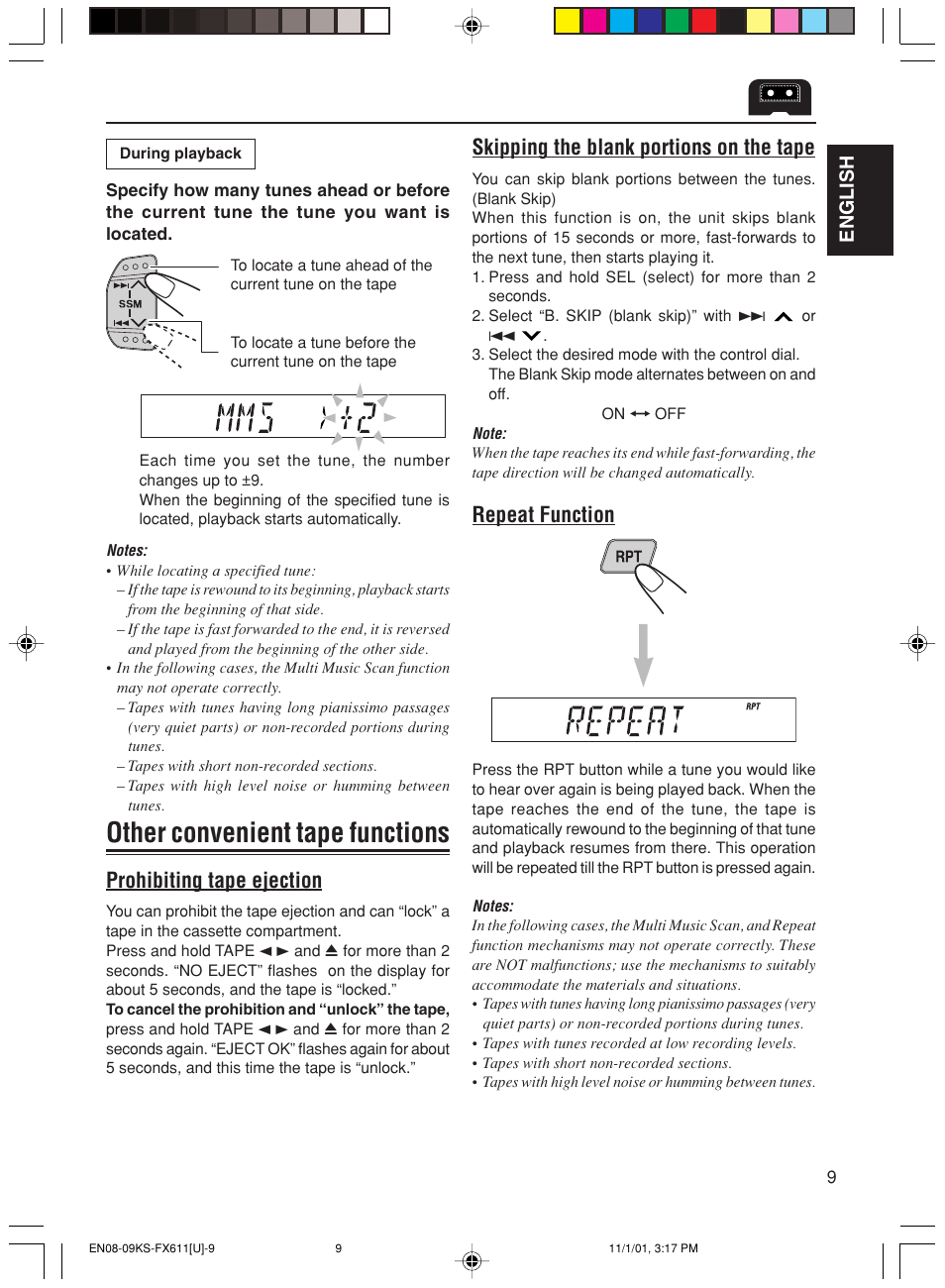 Other convenient tape functions, Prohibiting tape ejection, Skipping the blank portions on the tape | Repeat function | JVC GET0056-001A User Manual | Page 9 / 24