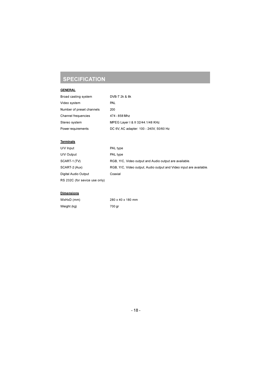 Specification | JVC TU-DB1SK User Manual | Page 19 / 22