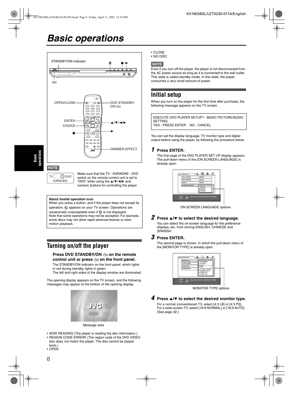 Basic operations, Turning on/off the player, Initial setup | JVC XV-NK58SL User Manual | Page 10 / 46
