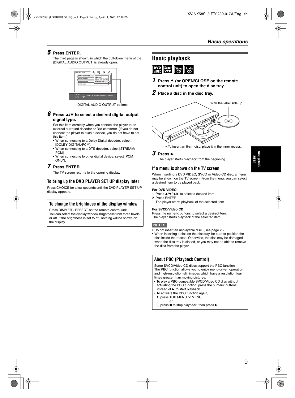 Basic playback 1, Basic operations | JVC XV-NK58SL User Manual | Page 11 / 46