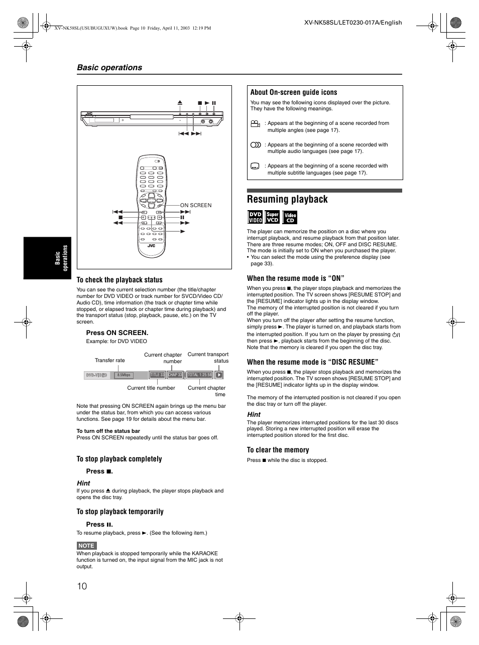 Resuming playback, Basic operations | JVC XV-NK58SL User Manual | Page 12 / 46